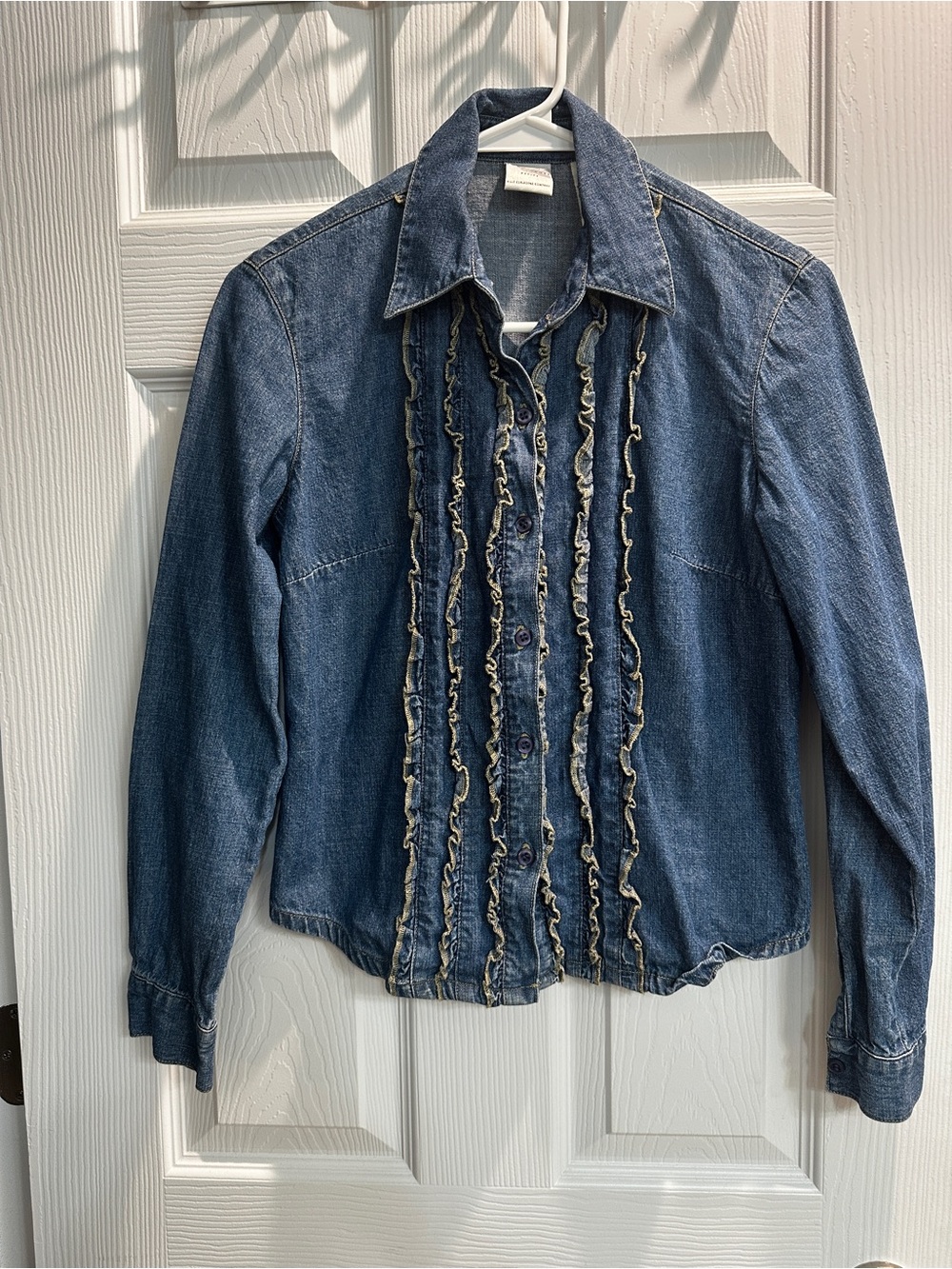 Liz Claiborne Blue Denim Button Down with Ruffle Front